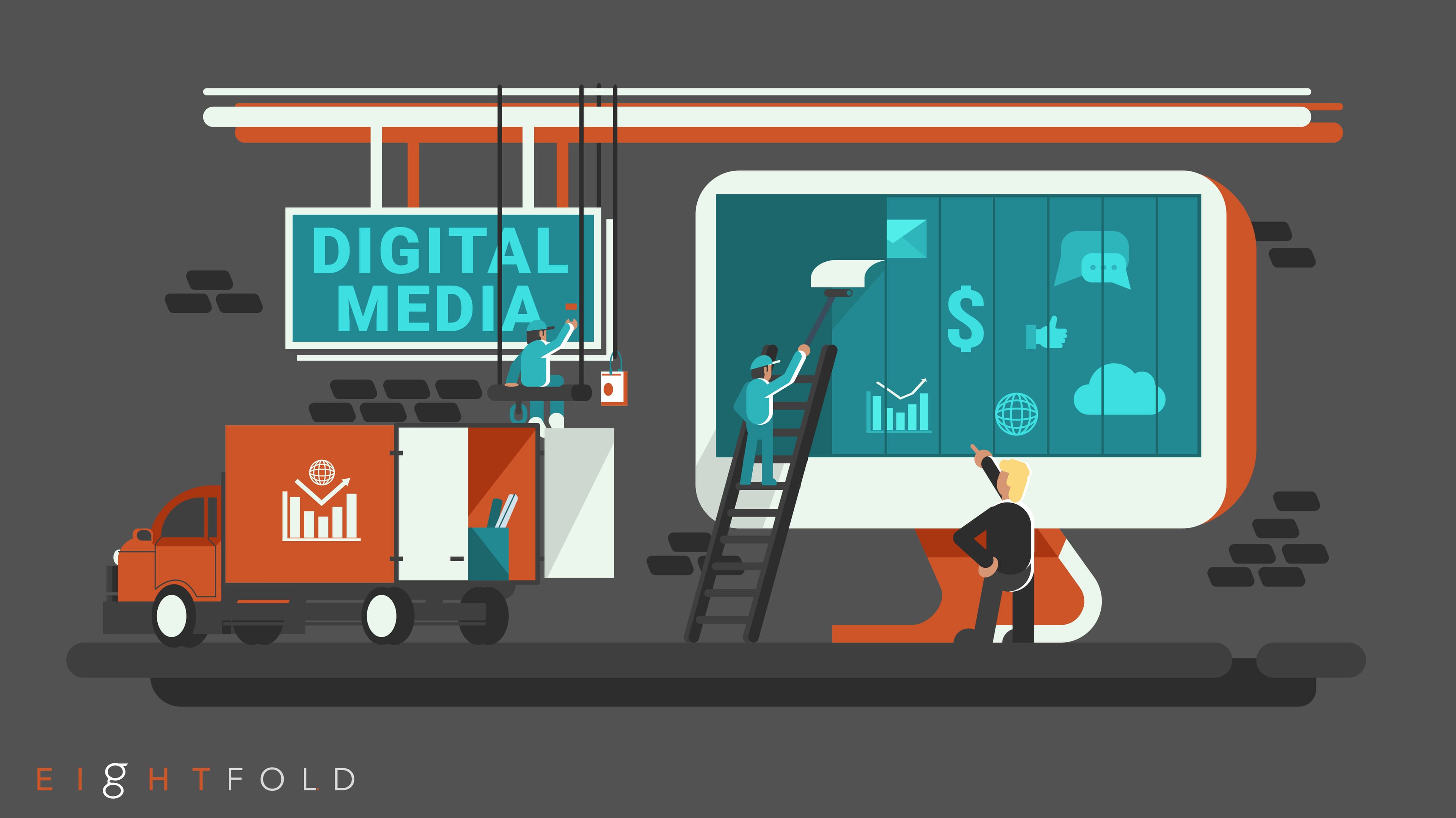 An illustrative graphic of two men hanging a icons on a giant computer monitor as if it were a billboard.