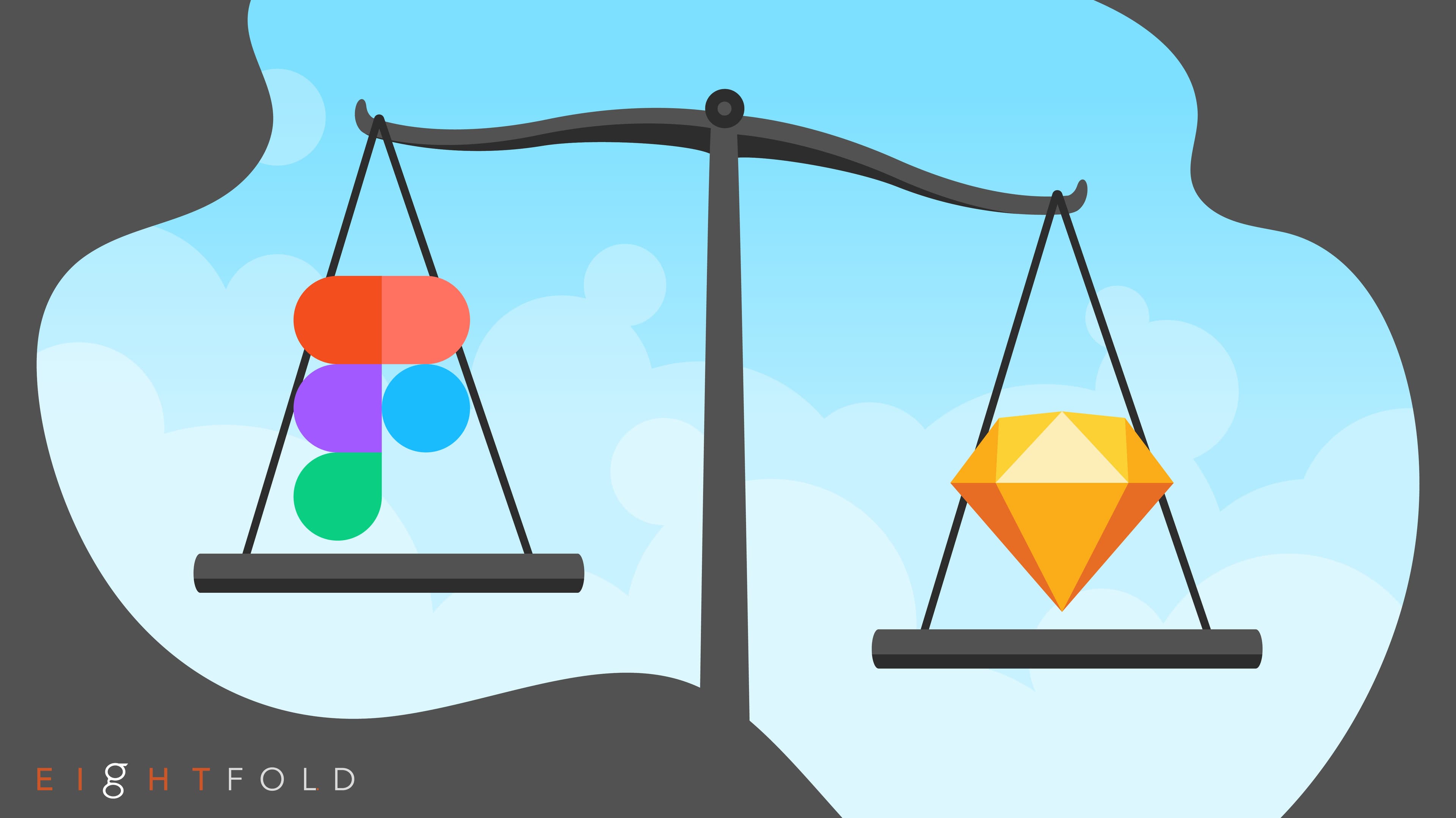 An illustrated graphic of a scale with the figma logo on the left and the sketch logo on the right.