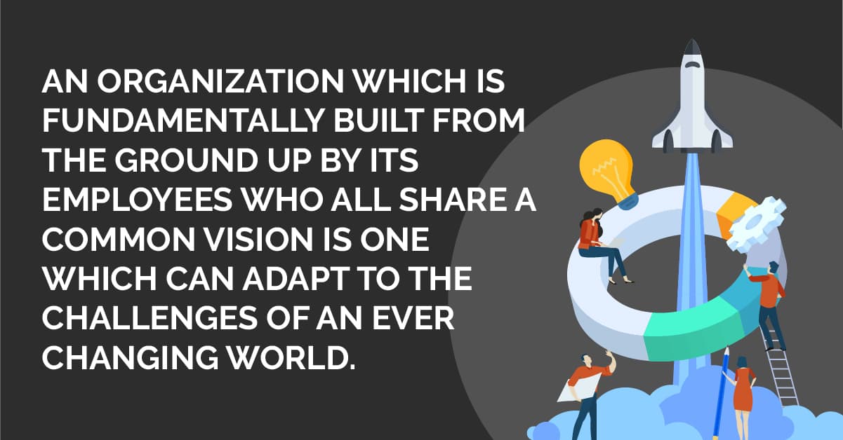 Image: An illustration of the space shuttle blasting off through a circle graph with people sitting on it, leaning on a ladder on it, and looking up at it. Text: An organization which is fundamentally built from theg round up by its employees who all share a common vision is one which can adapt to the challenges of an ever-changing world