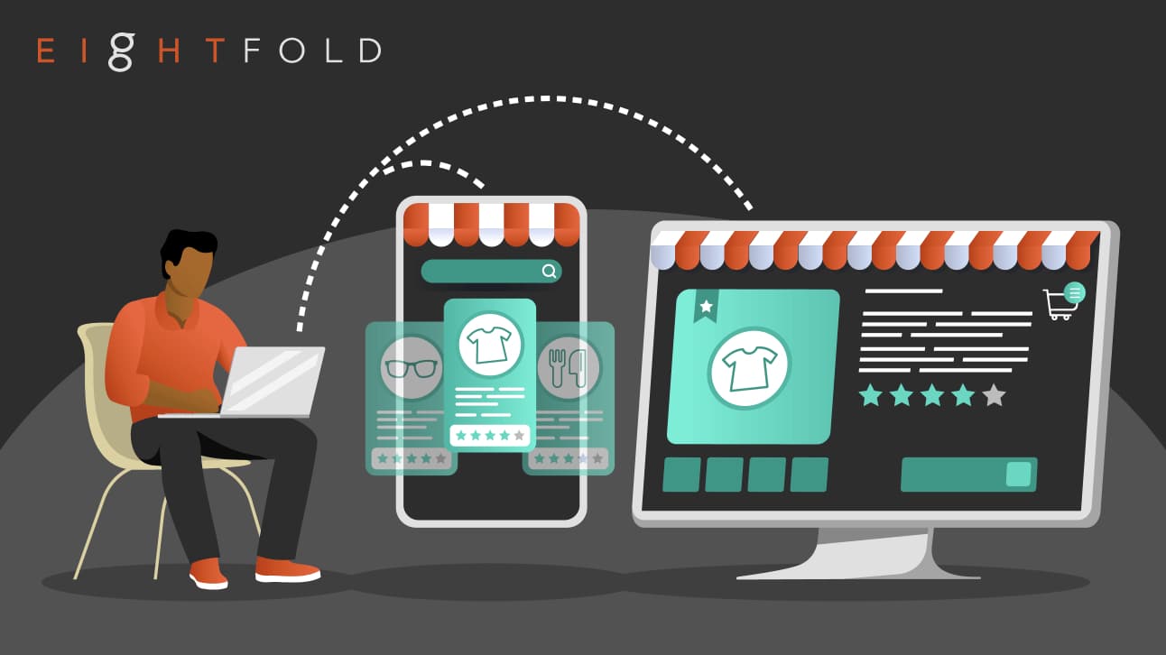 A person using a laptop faces a digital storefront on a phone and computer screen. Icons symbolize online shopping, conveying a seamless e-commerce experience.