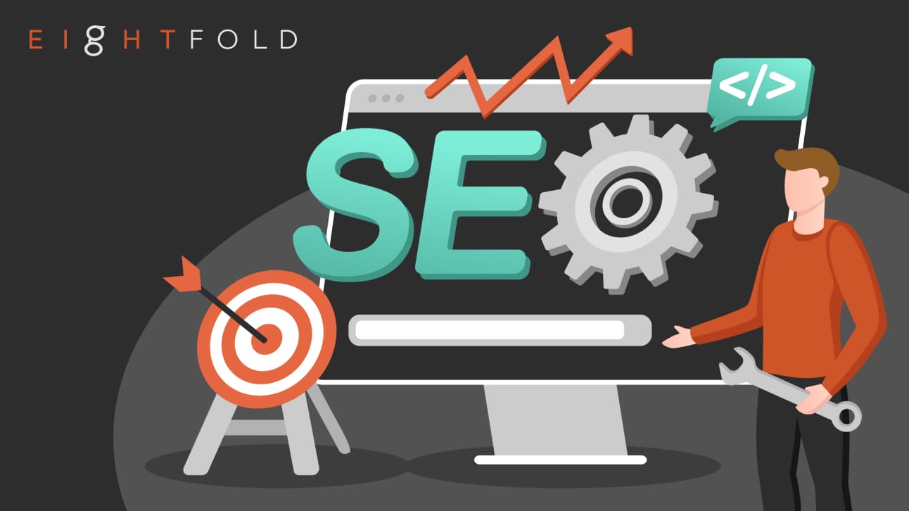 Illustration of SEO with a computer monitor displaying "SEO" beside a gear. A target with an arrow and person holding a wrench convey strategy and optimization.