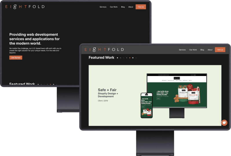 Two monitors. One is displaying Eightfold's home page, the other is displaying Eightfold's case study page