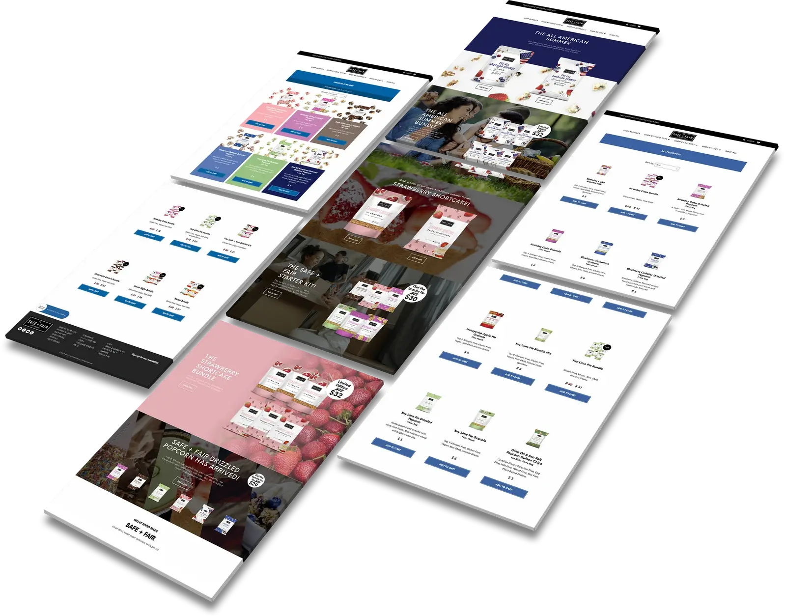 A collage of webpage designs showcasing various product layouts, vibrant colors, and engaging images. The mood is modern and promotional.