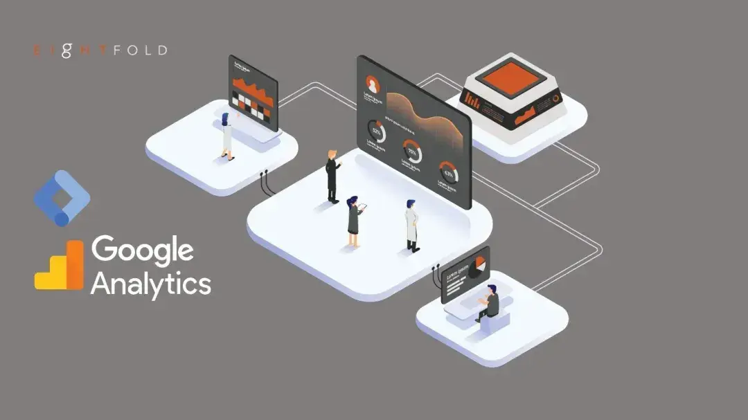 3D illustration showing people analyzing data on screens connected by lines. Google Analytics logo is on the left. The theme is digital analytics.