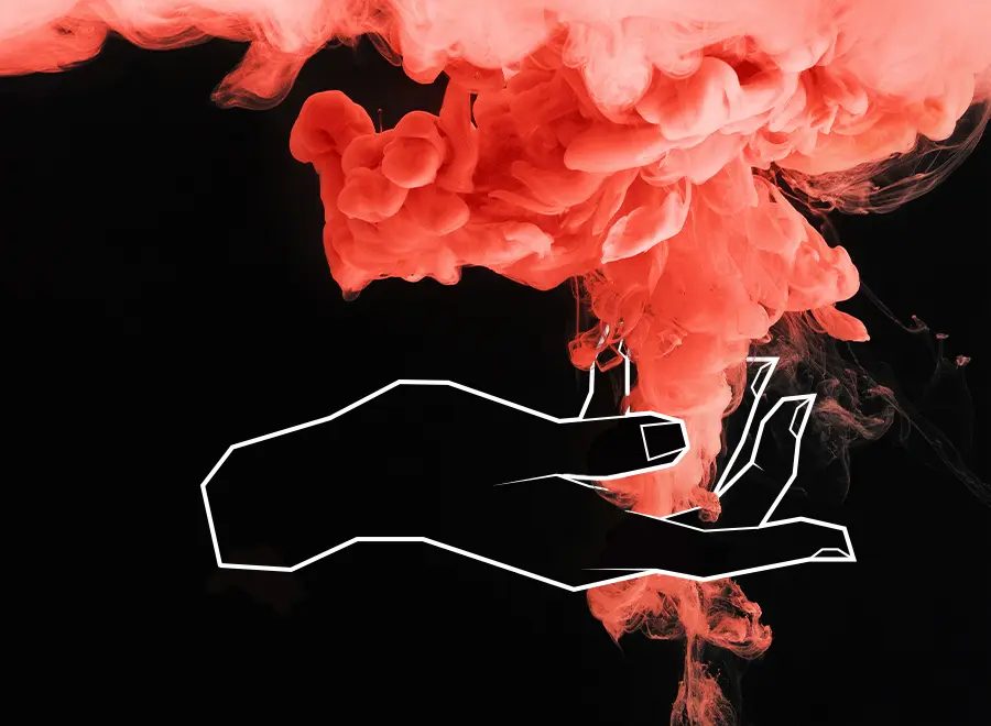 Silhouetted hand outlined in white against a black background holds vibrant red smoke billowing upward, creating a dynamic and mysterious atmosphere.