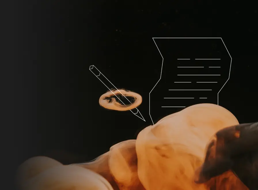 Abstract image with a pencil, document, and magnifying glass icons over swirling orange and black smoke.