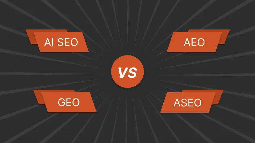 Diagram with "AI SEO," "GEO," "AEO," and "ASEO" on orange banners, centered around a circle labeled "VS" on a black radial background.