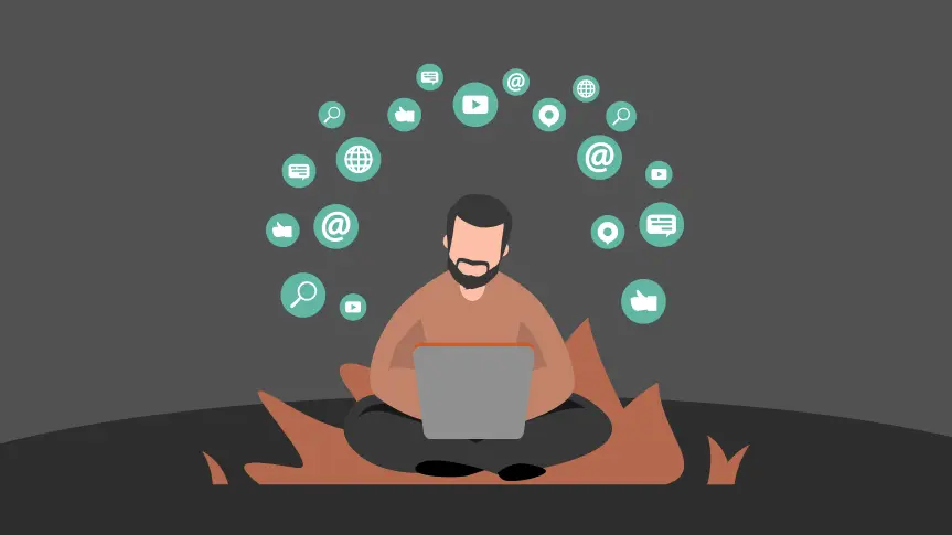 Illustration of a man sitting cross-legged with a laptop, surrounded by floating digital icons representing communication and internet.