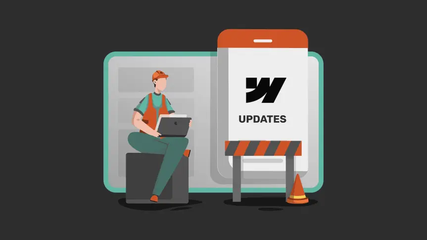 Illustration of a person with a laptop, sitting beside a large smartphone displaying 'Updates,' with construction signs and cone.