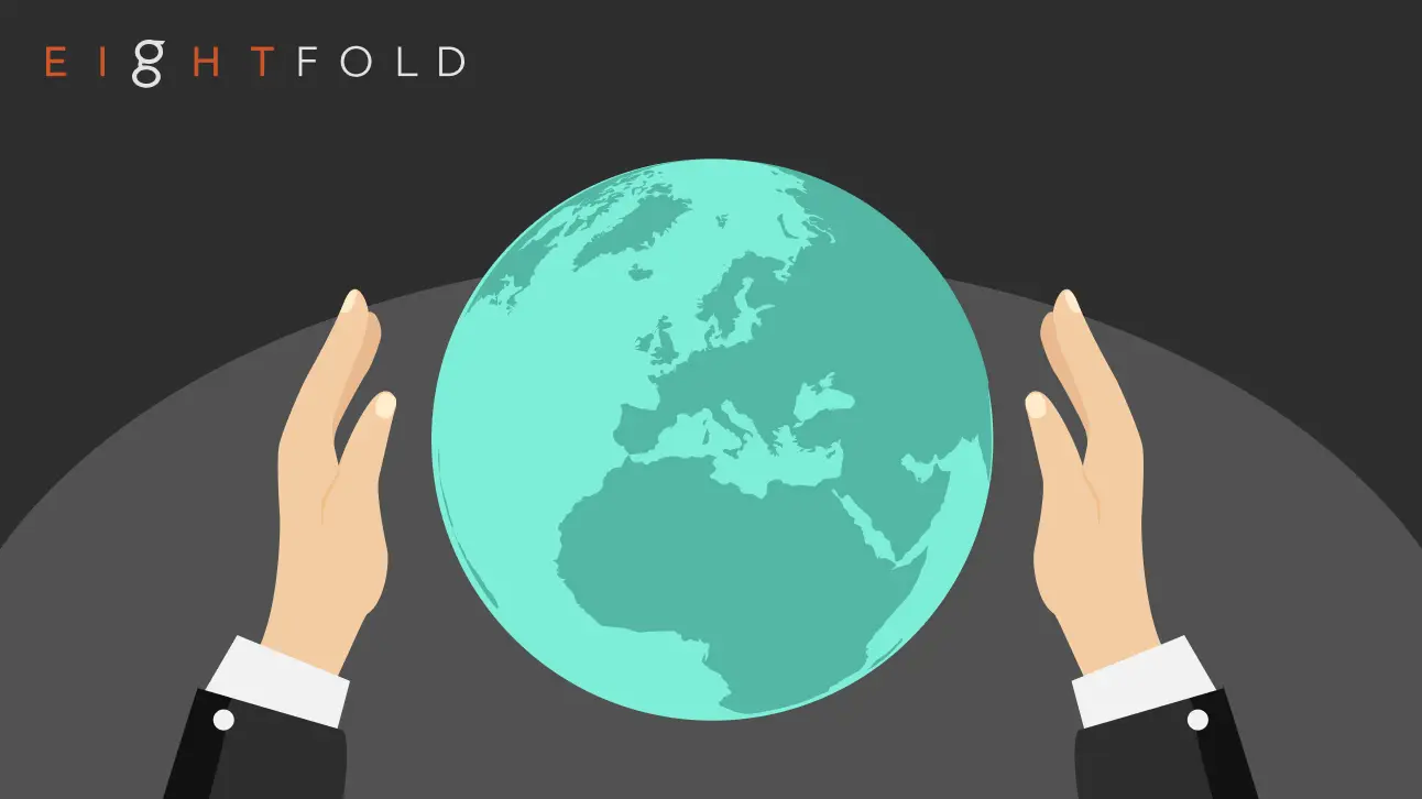 Hands in suits cradle a turquoise Earth against a dark background. The word "EIGHTFOLD" appears at the top left, conveying care and global connection.