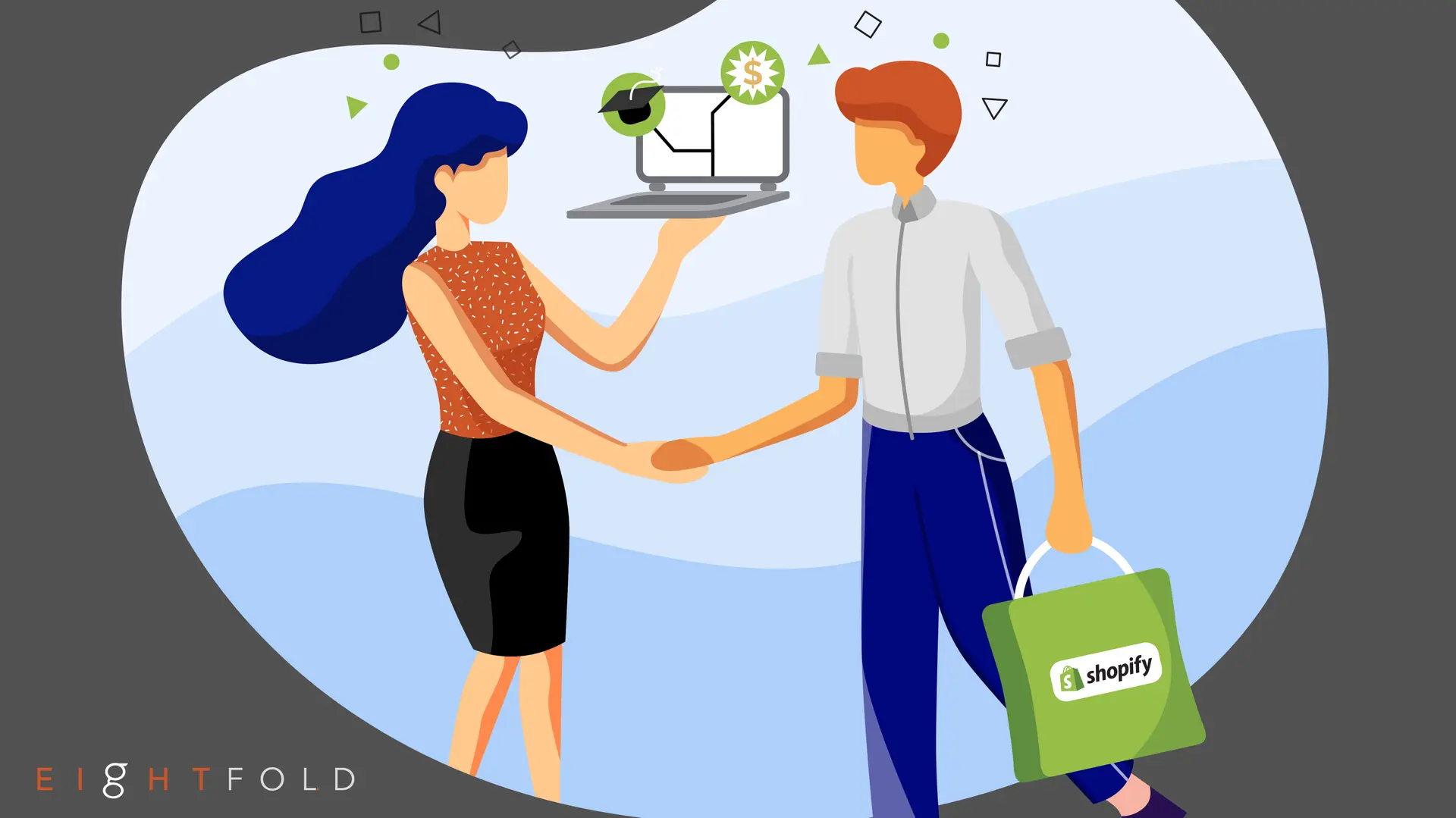 Illustration of two people shaking hands; one holds a laptop with tech symbols, the other a green Shopify bag. The tone conveys partnership and business.