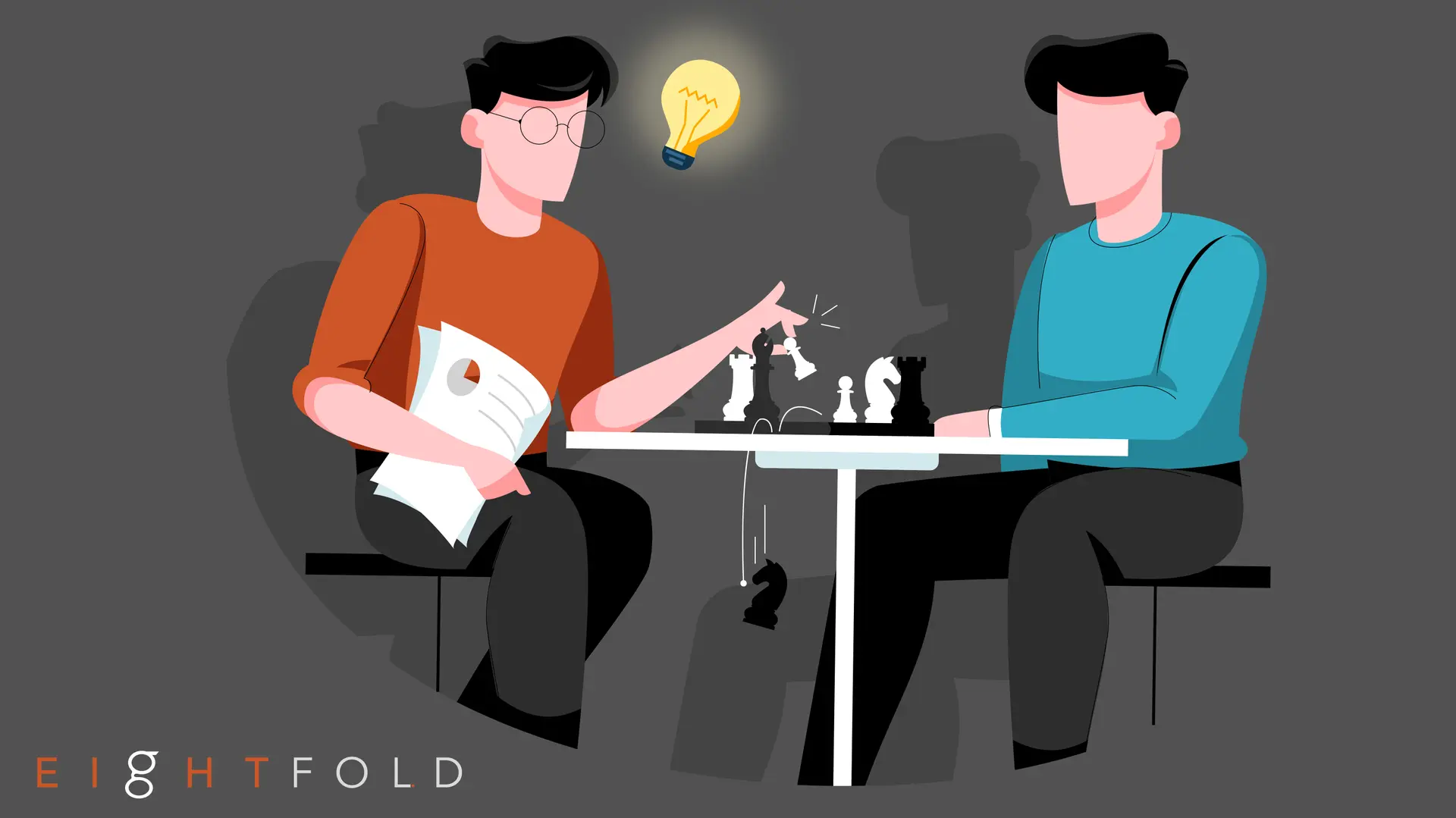 Two faceless people sit across a table playing chess. One holds papers, pointing at the board. A glowing light bulb above signifies an idea.